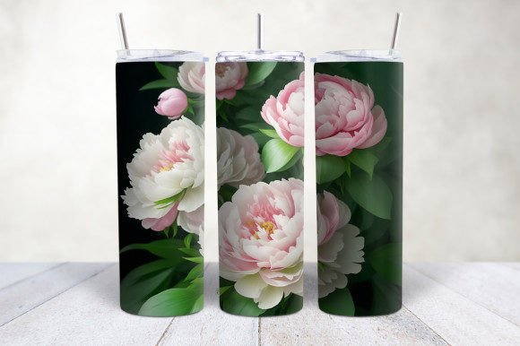 3D White Green Pink Peonies Tumbler Wrap Design